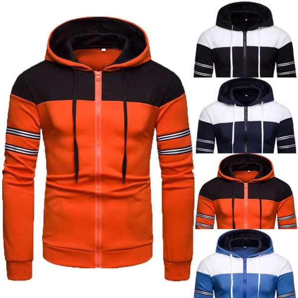 

european fit men's casual multi hooded sweater color matching zipper cardigan sportswear, Black