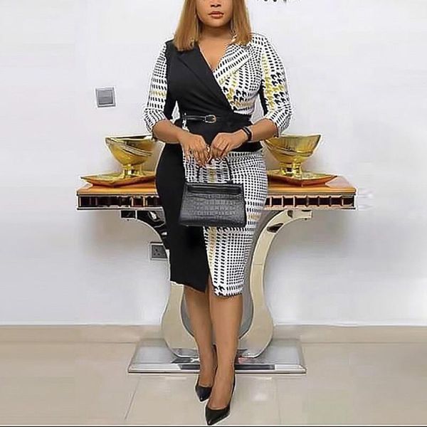 

casual dresses elegant office dress for women clothing 2021 houndstooth printed bodycon high waisted turn down collar business work midi, Black;gray