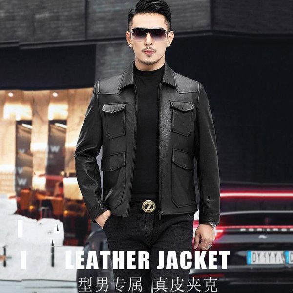 

men's leather & faux middle-aged and young people's short lapel genuine deerskin jacket business leisure motorcycle coat, Black