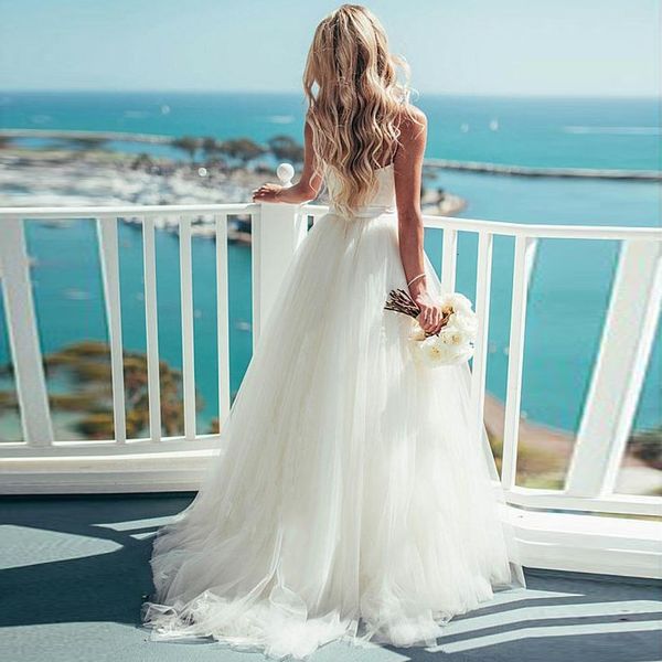

2021 new boho simple tulle summer bride beach wedding gowns elegant long robe de mariee xbo7, White
