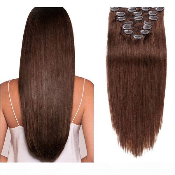 

clip in hair extensions human hair 100g natural extension machine remy 7 pcs silky straight human hair clip ins, Black;brown