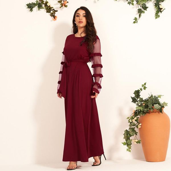 

casual dresses mai&fun summer women party dress elegant burgundy long mesh ruffle sleeve belted maxi retro vestido, Black;gray