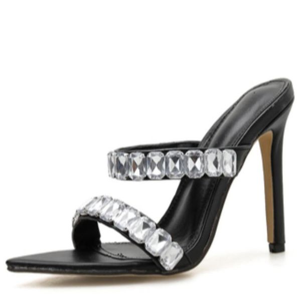 

2021 new summer fashion shoes woman slippers sandals crystal decoration pointed end peep toe party pumps high heels slide 35-42, Black