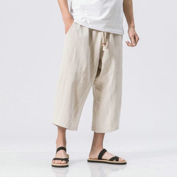 

cotton 2021 man linen wild leg pants casual loose calf-length pants man bloomers summer baggy male traditional pants trousers c0222, Black