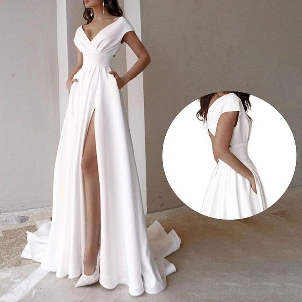 

casual dresses v-neck party dress white high waist side split floor-length with pockets for banquet, Black;gray