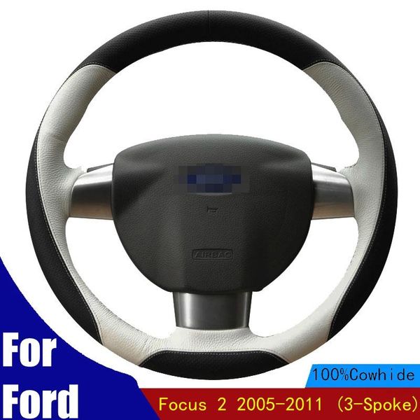 

steering wheel covers hand-stitched car cover non-slip soft genuine leather for focus 2 2005-2011 (3-spoke) accessories