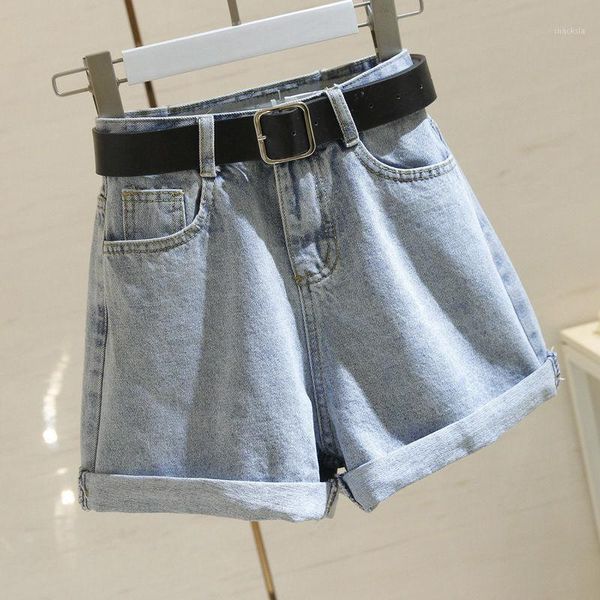 

women's shorts aigo streetwear high waist women blue denim with belt summer casual female wide leg size 2xl jeans, White;black