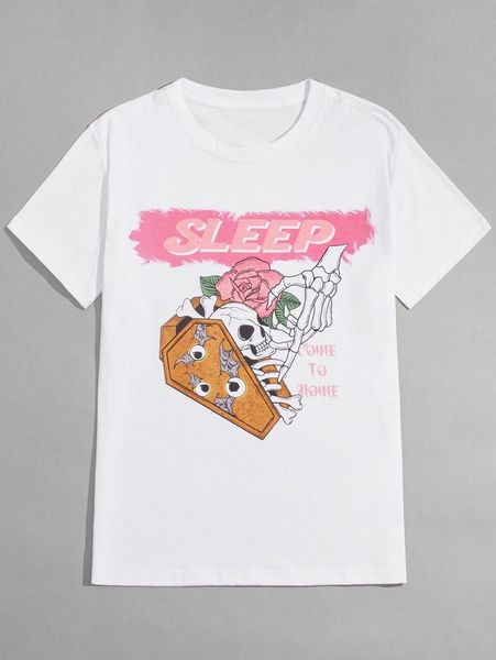 

romwe x lostinlol guys skull floral letter graphic tee i62o#, White;black