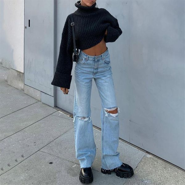 

2021 new blue jeans pancil pants women high waist slim hole ripped denim jeans casual stretch trousers for women