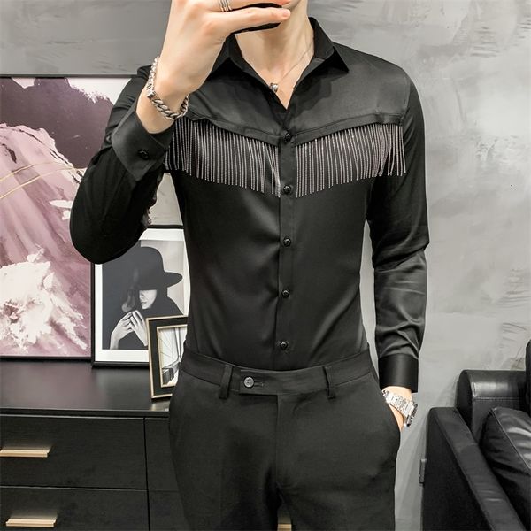 

2021 spring tassel shirts for men sleeve long casual shirt dress stage streetwear social party tuxedo chemise homme 8k44, White;black