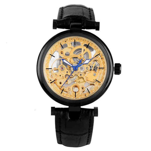 

premium builder watches exquisite hollow-out black leather mechanical for men boys, Slivery;brown