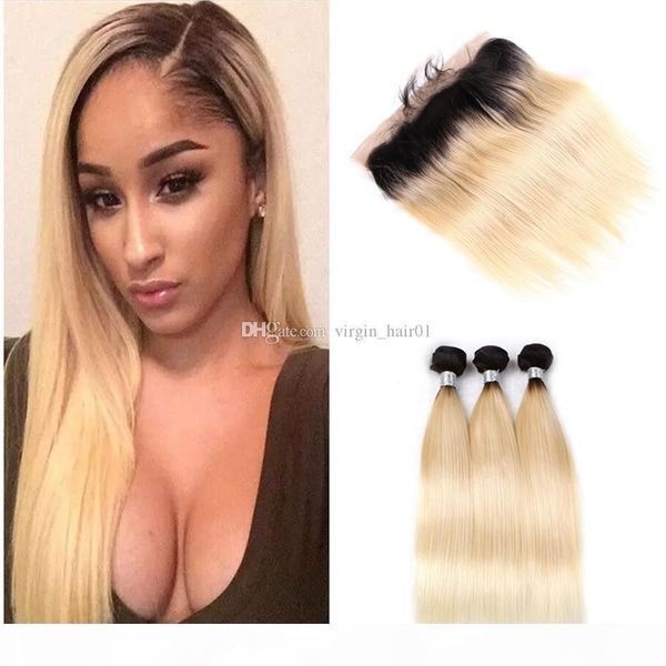

straight blonde ombre full lace closure 13x4 with weaves wavy 3bundles 1b 613 two tone ombre virgin hair with lace frontal, Black;brown
