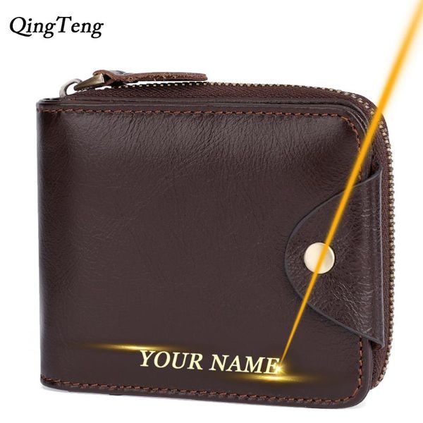 

wallets engraved name vintage mens wallet genuine leather zipper hasp male business card holder coin purse for men clutch bag customized, Red;black