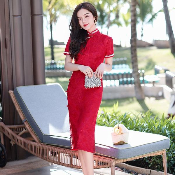 

ethnic clothing summer vintage lace trim short sleeve elegantchiffon qipao knee-length cheongsam ladies party wedding dress oversize 4xl, Red