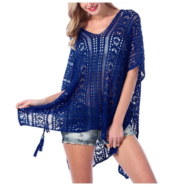 

women's blouses & shirts hollow tassels blouse swimsuit bikini beach swimwear summer woman knitting loose cover up dress, White