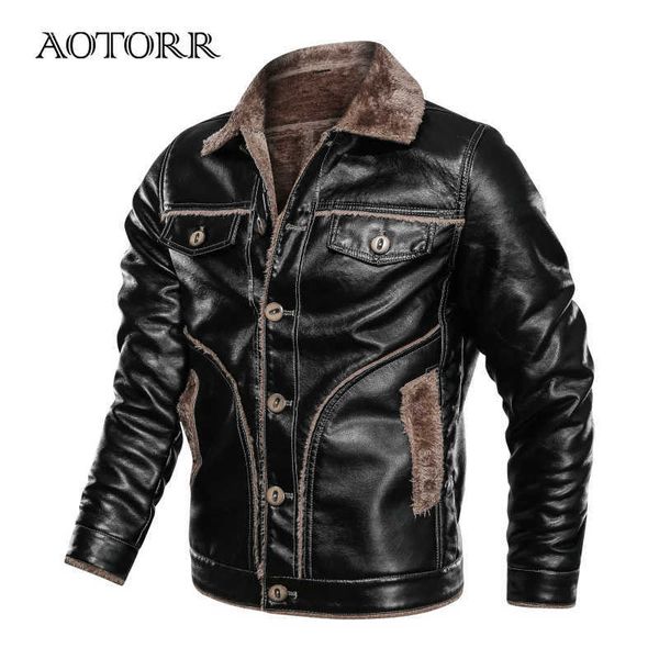 

thick motorcycle leather jacket men winter turn-down collar mens pu jackets fleece male coat biker wear plus size 8xl 211018, Black