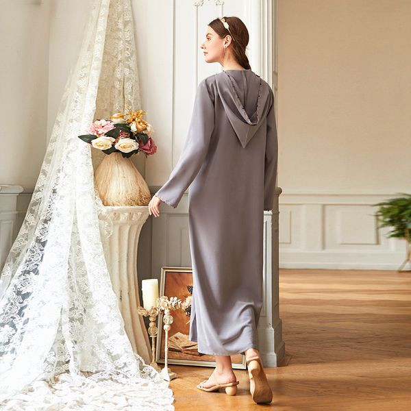 

crystal muslim luxury beaded hooded long dress grey full sleeve front slit maxi dresses turkey dubai oman arabic islam clo lyve, Black;gray