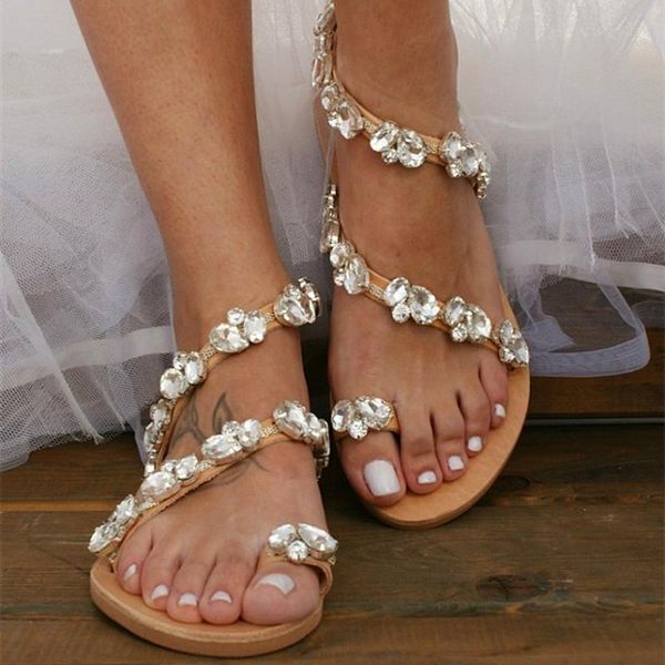 

sandals women shoes fashion rhinestones chains thong gladiator flat heel crystal platform ladies plus size 43, Black