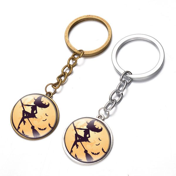 

flying witch with broomstick long keychain halloween moon night black cat pendant handbag metal key ring gothic llaveros, Silver
