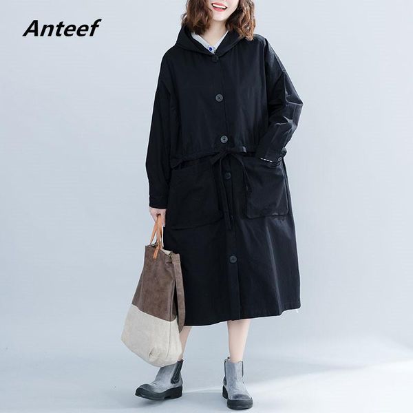 

women's trench coats black cotton plus size oversized hooded vintage women casual loose long autumn female coat 2021 cardigan clothes, Tan;black