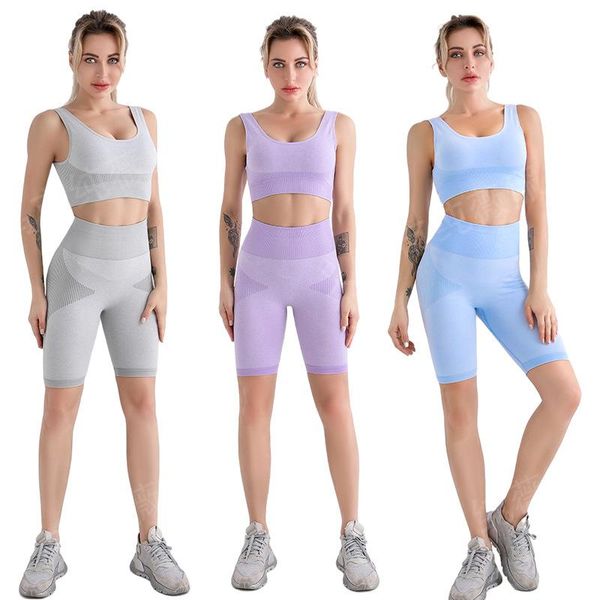 

women's tracksuits summer 2pcs gym clothing knitted sports bra push up running brassiere + bulifting fitness leggings yoga shorts women, Gray