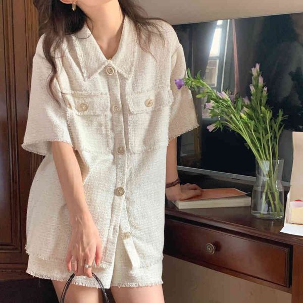 

two piece dress temperament lapel chic button tassel coat + high waist straight casual shorts 2-piece set female 9n1r, White