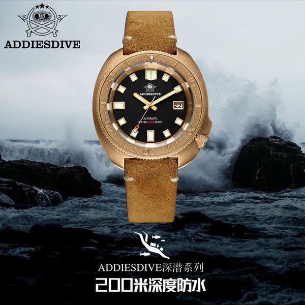 

wristwatches addies men nh35 automatic mechanical watch sapphire crystal c3 super luminous cusn8 bronze case 200m diving watches, Slivery;brown