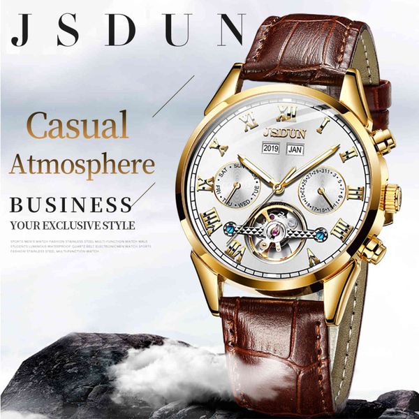 

jsdun men brand luxury sports hollow flywheel self-winding real leathe casual waterproof mechanical watch 21 diamonds, Slivery;brown