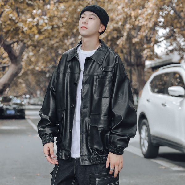 

2021 new men's multi-pocket russian male fashion plutonium black leather jackets clothing outerwear m-2xl hyf3