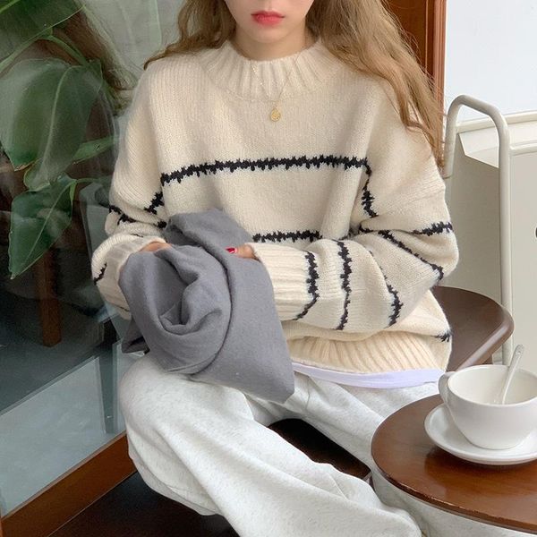 

women's sweaters knitted sweater women wear loose autumn and winter 2021 fashion korean retro western style lazy wind jacket., White;black