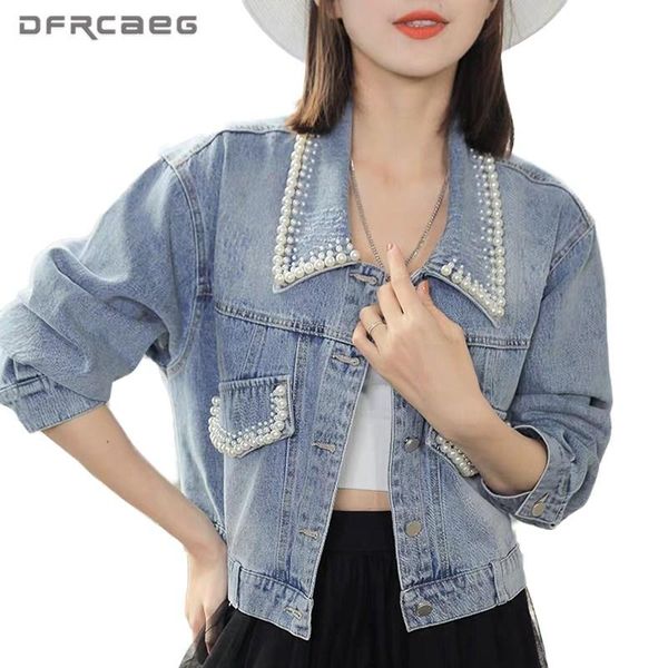

women's jackets streetwear vintage women jeans jacket with beading pearls 2021 autumn loose long sleeve denim coat female retro outwea, Black;brown