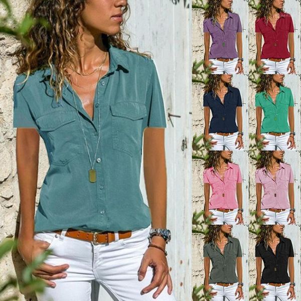 

camisas mujer women shirt summer casual solid short sleeve turn down collar pockets button blouse 2021 blusa femme women's blouses & s, White