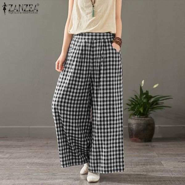 

women's pants & capris zanzea women vintage summer wide leg casual plaid checked trousers retro loose long pantalon high waist pockets, Black;white