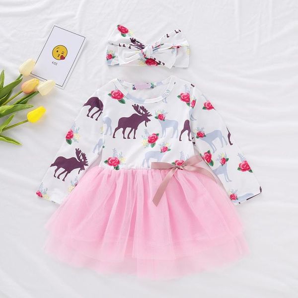 

pink elk print mesh girl dress christmas kids clothes baby girls long sleeve christmas deer floral dress with headband 111, Red;yellow