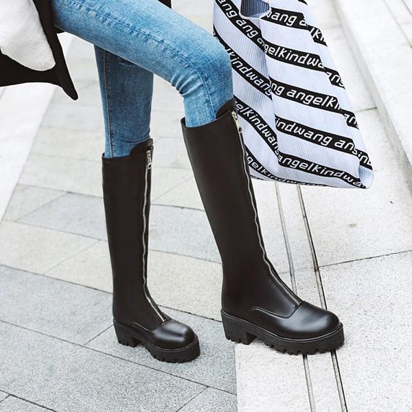 

boots big size 9 10 11-15 women woman winter shoes botas front zipper flat heel thick bottom round head, Black