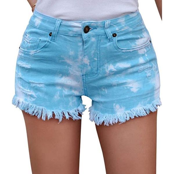 

women's shorts summer women fashion casual personality mid rise denim frayed hem tie dye print ripped short jeans, White;black