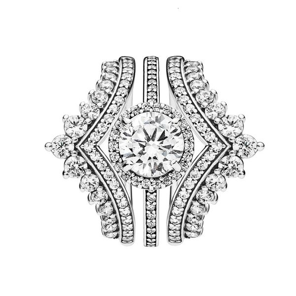 

3 in 1 luxury ring set princess rings round sparkle halo ring for pandora 925 sterling silver ring with original box, Slivery;golden