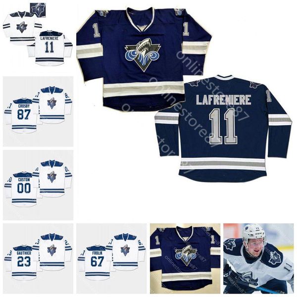 

customize chl rimouski oceanic 11 alexis lafreniere 23 frederik gauthier 67 michael frolik 87 sidney crosby navy blue hockey jersey, Black
