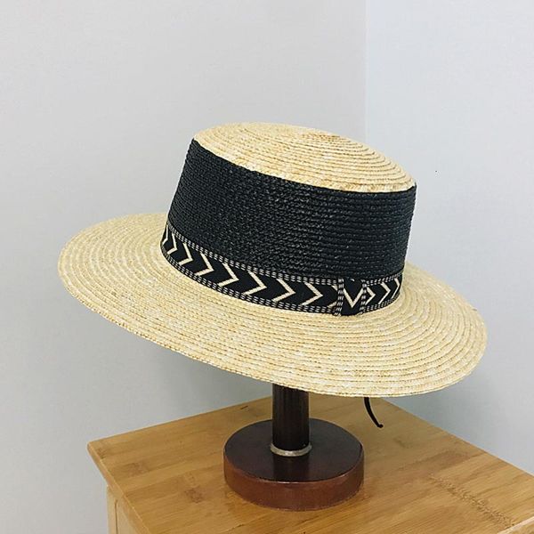 

2021 new handmade women wide brim straw black beige patchwork ribbon summer hats flat panama boater dress glitter beach sun hat aa69, Blue;gray