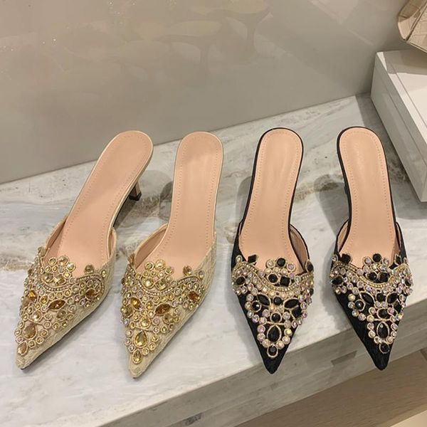 

slippers 2021 women fashion pointed toe ladies slip on mules thin low heel slides shoes woman elegant female flip flops, Black