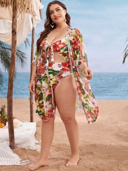 

plus floral print cut-out one piece swimsuit with kimono 01aq#, Black