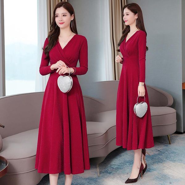 

casual dresses v-neck autumn dress women 2021 long sleeve solid, Black;gray