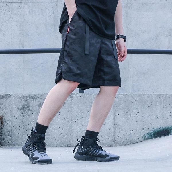 

techwear vintage men's black shorts camoflague ribbon drawcord waist hip hop style punk fashion, White;black
