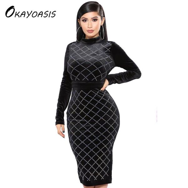 

casual dresses okayoasis vintage winter autumn women dress solid long sleeved velvet hollow party vestidos, Black;gray