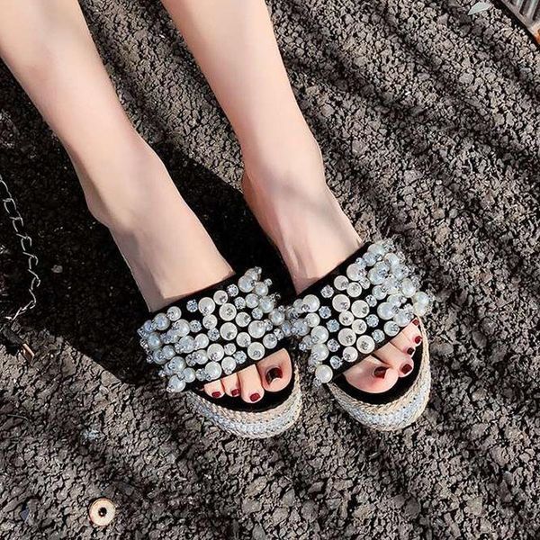 

slippers exquisite pearl rhinestone slope high heel women's shoes summer wild sweet thick-soled beach, Black