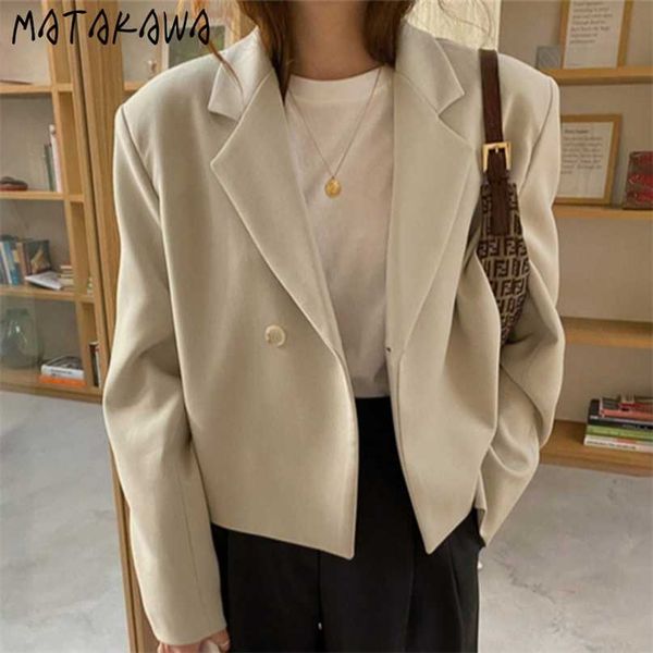 

matakawa loose solid women blazers korea autumn simple office lady blazer lapel one button long-sleeved suit coat female 211019, White;black