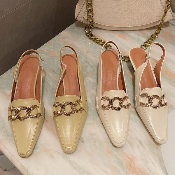 

2021 women sandals fashion chain pointed toe slip on mules woman thin low heels slingback sandals pumps female elegant shoes, Black
