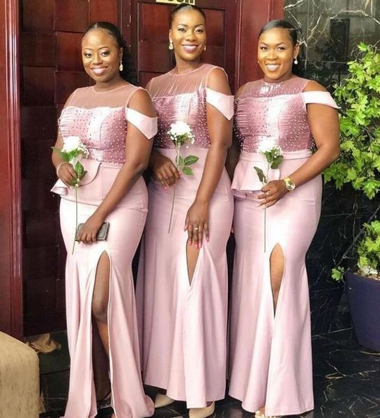 

sheer jewel neck bridesmaid dresses plus size aso ebi beaded wedding guest dress side split long maid of honor prom vestidos, White;pink