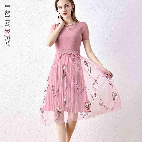 Kurzarm Mesh Rosa Kleid Für Frauen Sommer Lotus Blatt Gaze Falten Stickerei Dame Druck Kleider 2D3940 210526