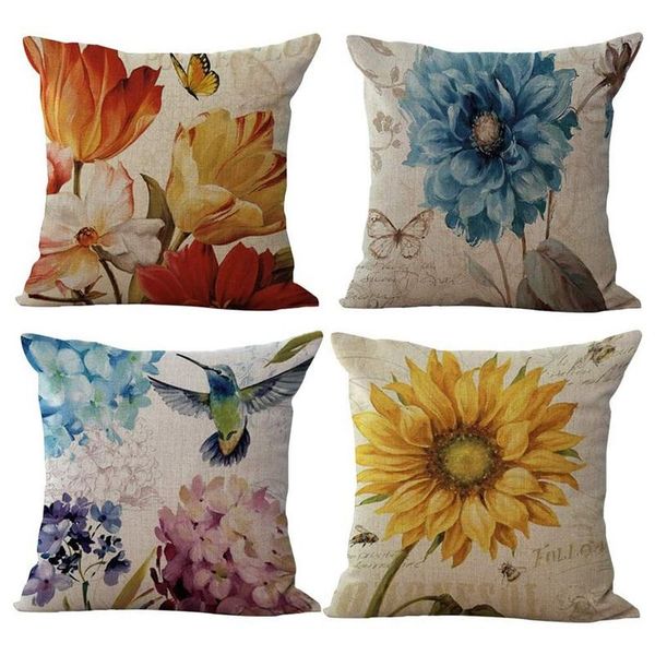 

pillow case linen pillowcase cushion covers for living room bedroom with invisible zipper retro coffee decorative sunflower bird